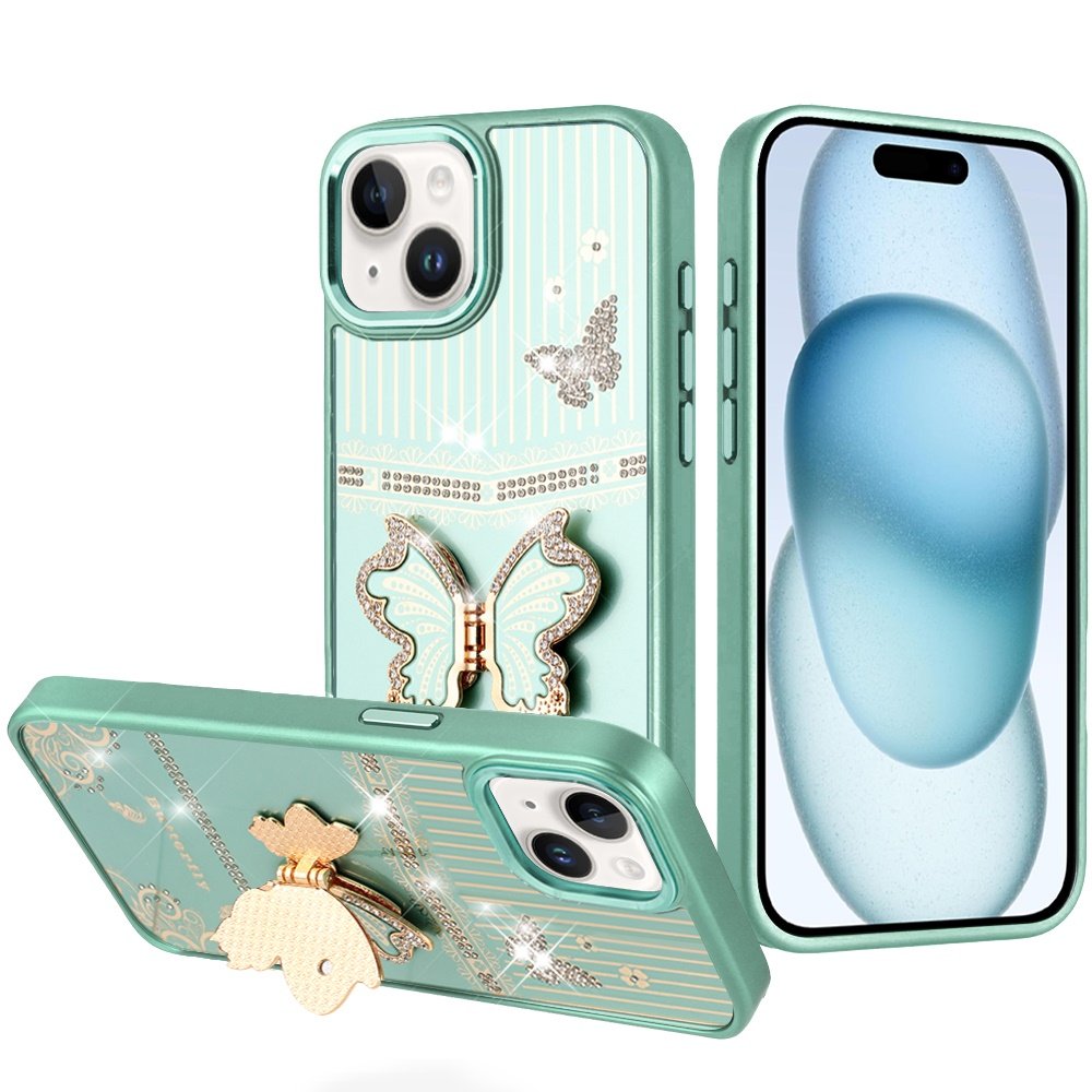 for iphone 15 splendid glitter butterfly design stand with metallic edges hybrid case teal
