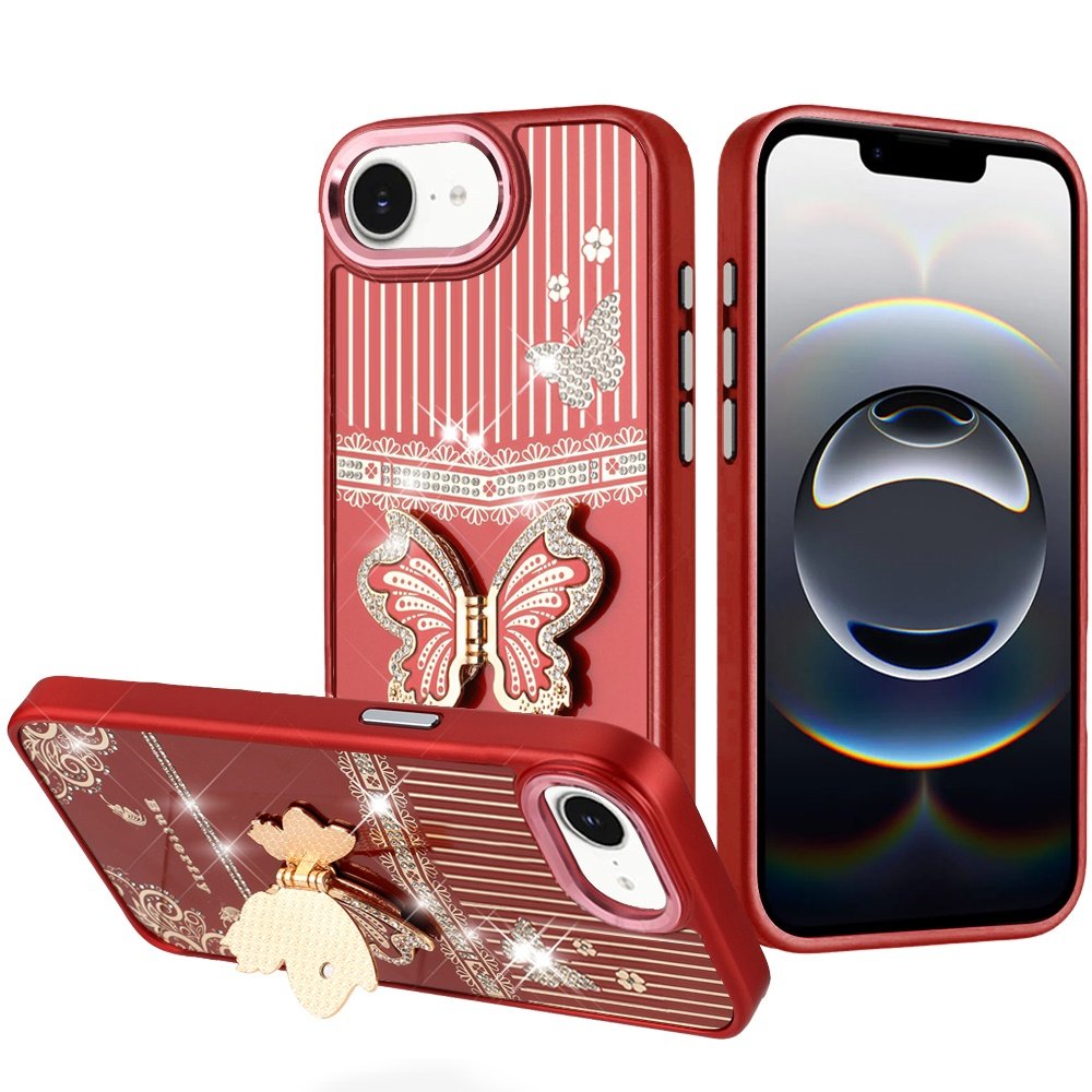 for iphone 17e / 16e / se4 splendid glitter butterfly design stand with metallic edges hybrid case red
