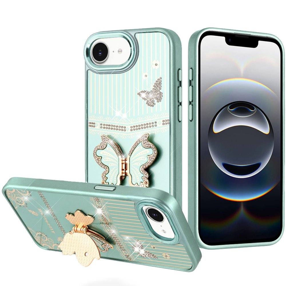 for iphone 17e / 16e / se4 splendid glitter butterfly design stand with metallic edges hybrid case teal