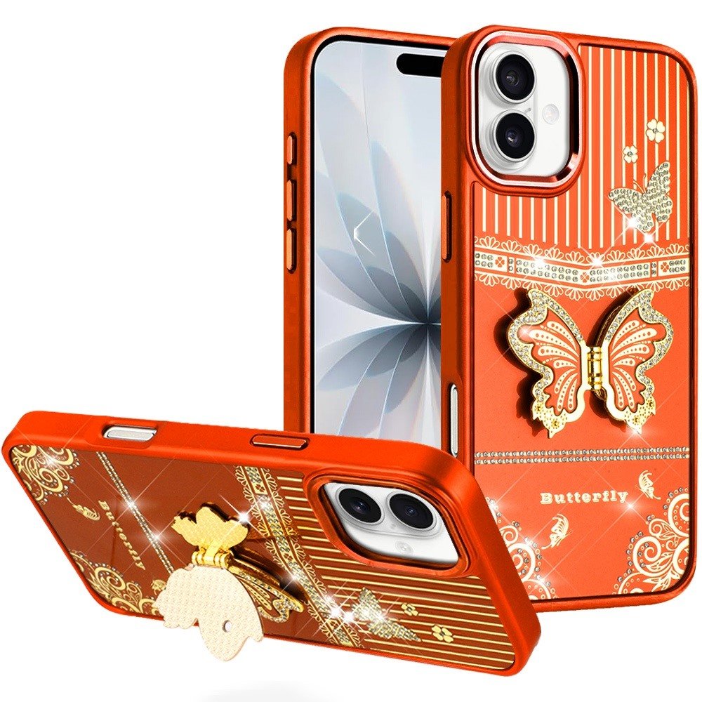 for iphone 17 splendid glitter butterfly design stand with metallic edges hybrid case cosmic orange