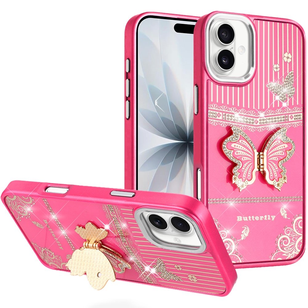 for iphone 17 splendid glitter butterfly design stand with metallic edges hybrid case hot pink