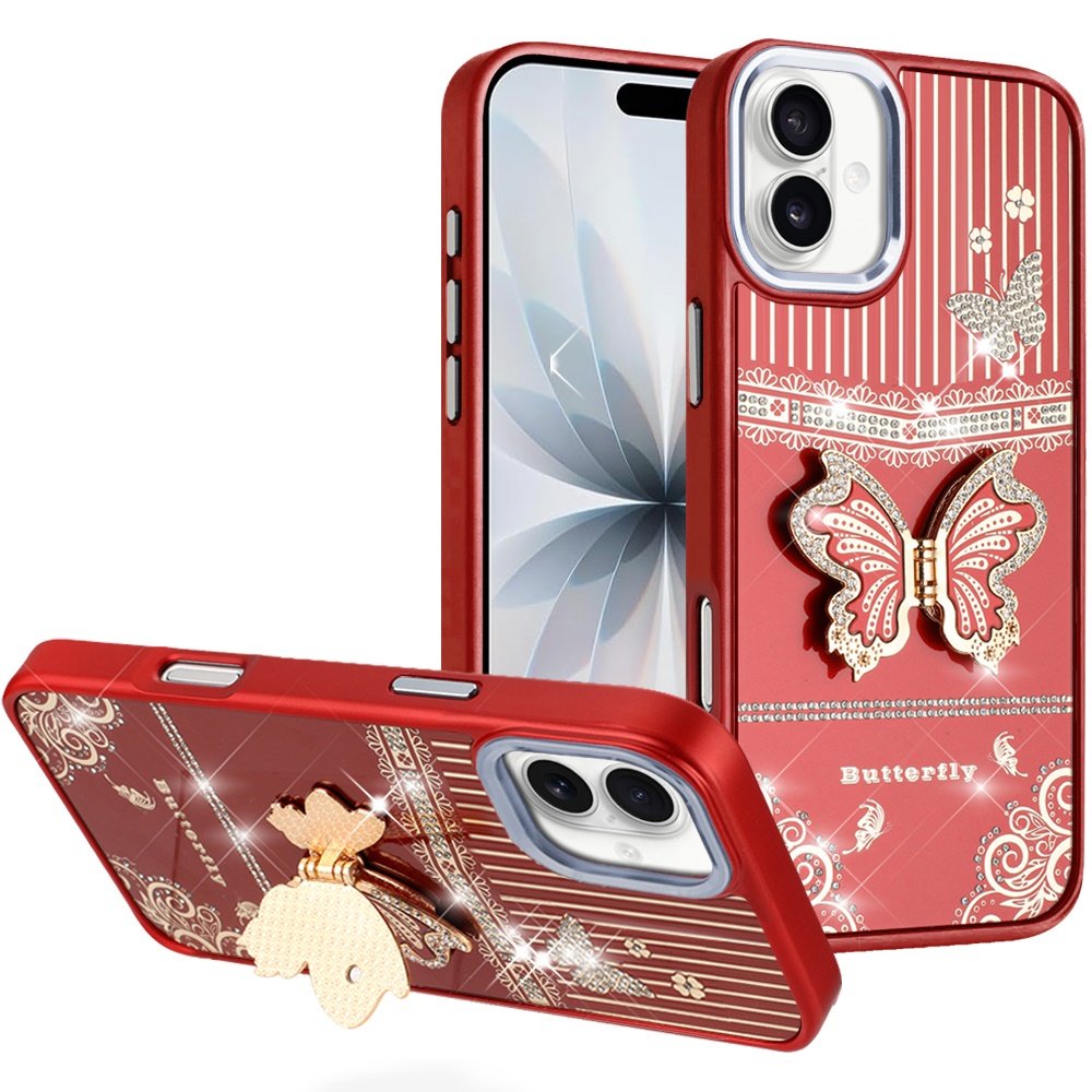 for iphone 17 splendid glitter butterfly design stand with metallic edges hybrid case red