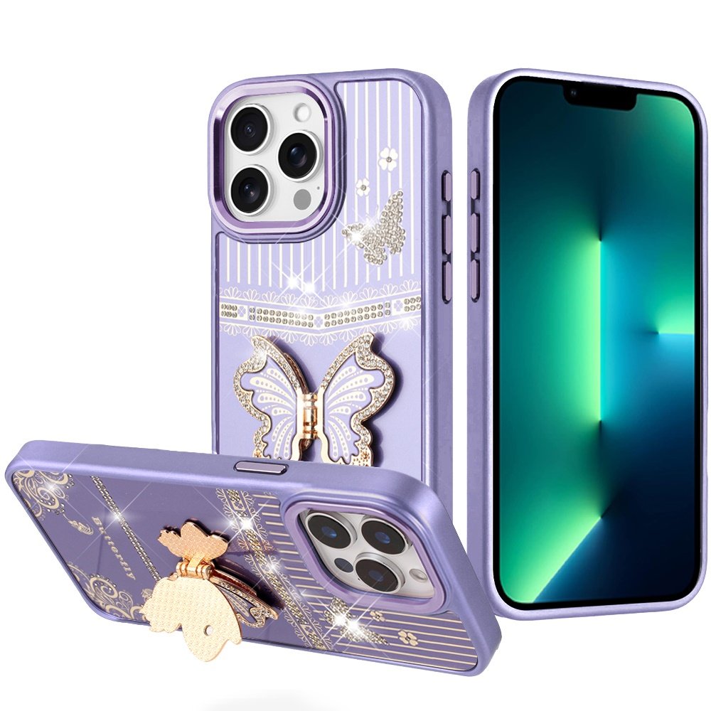 for iphone 13 pro max splendid glitter butterfly design stand with metallic edges hybrid case dark purple