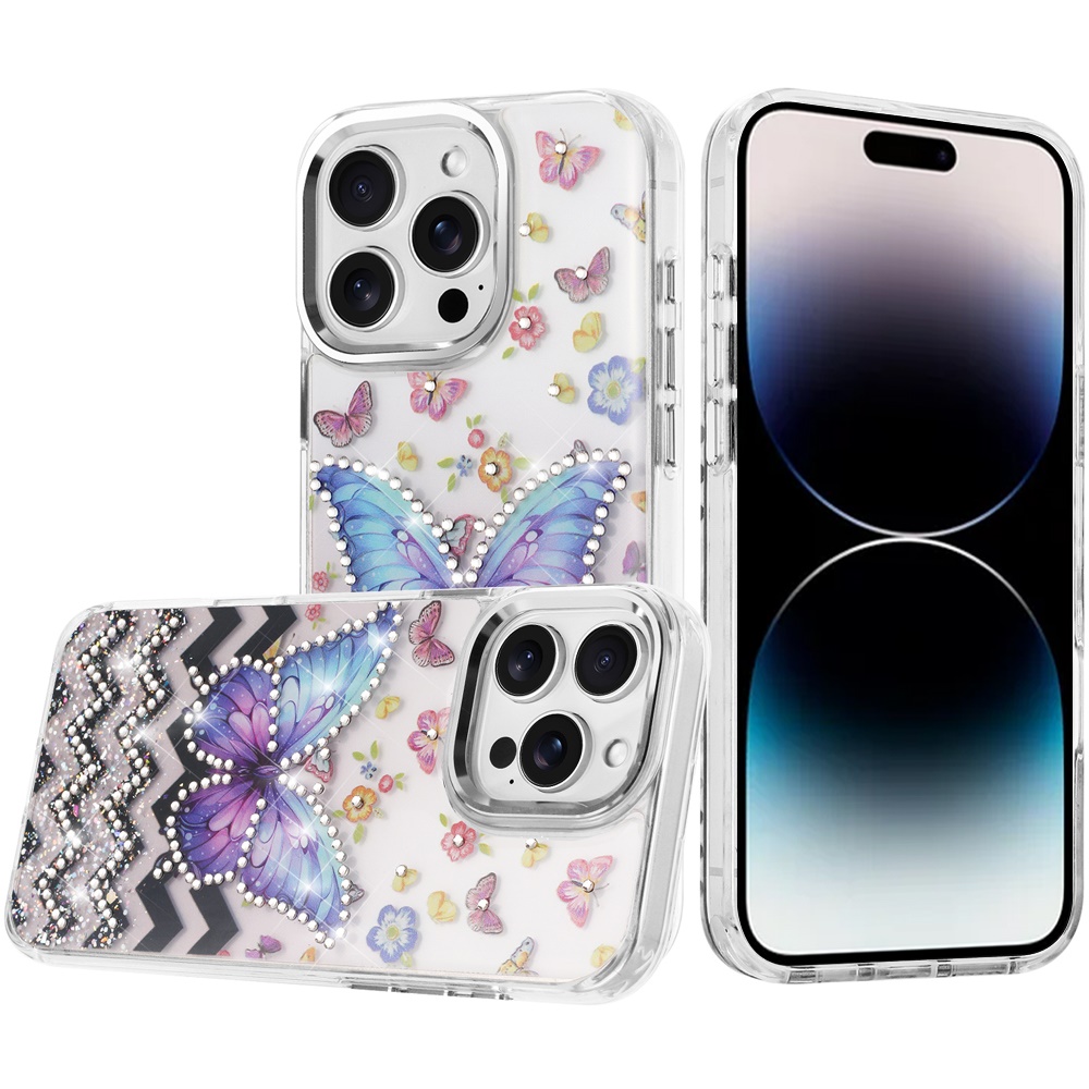 for iphone 14 pro max 6.7" resin epoxy design diamond metal edged hybrid case a