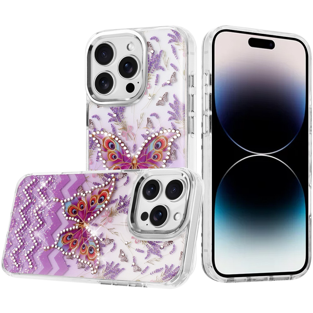 for iphone 14 pro max 6.7" resin epoxy design diamond metal edged hybrid case b
