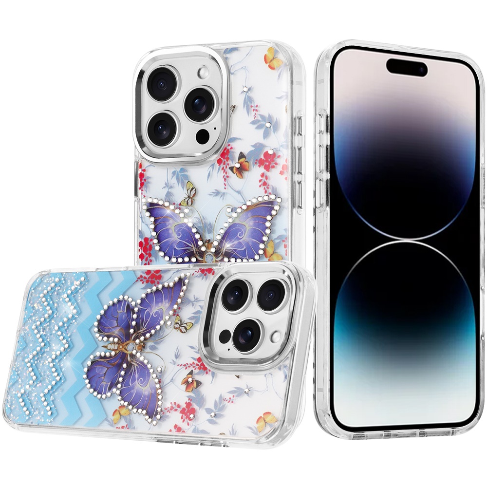 for iphone 14 pro max 6.7" resin epoxy design diamond metal edged hybrid case d