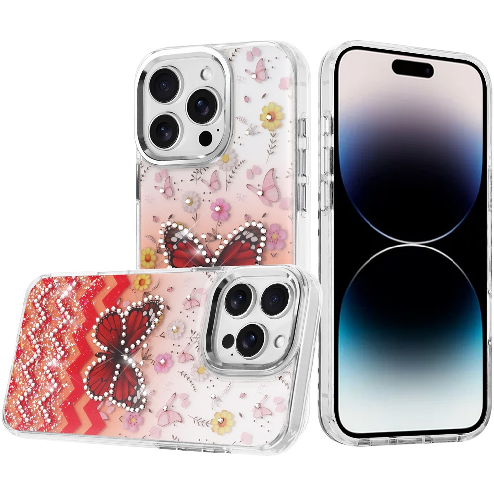 for iphone 14 pro max 6.7" resin epoxy design diamond metal edged hybrid case f
