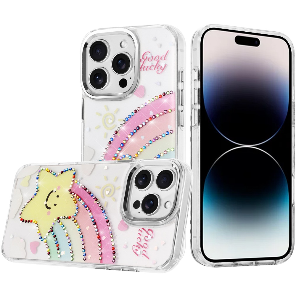 for iphone 14 pro max 6.7" resin epoxy design diamond metal edged hybrid case h