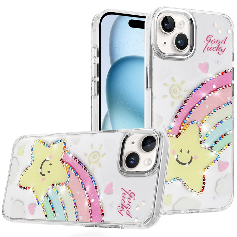 for iphone 15 resin epoxy design diamond metal edged hybrid case h