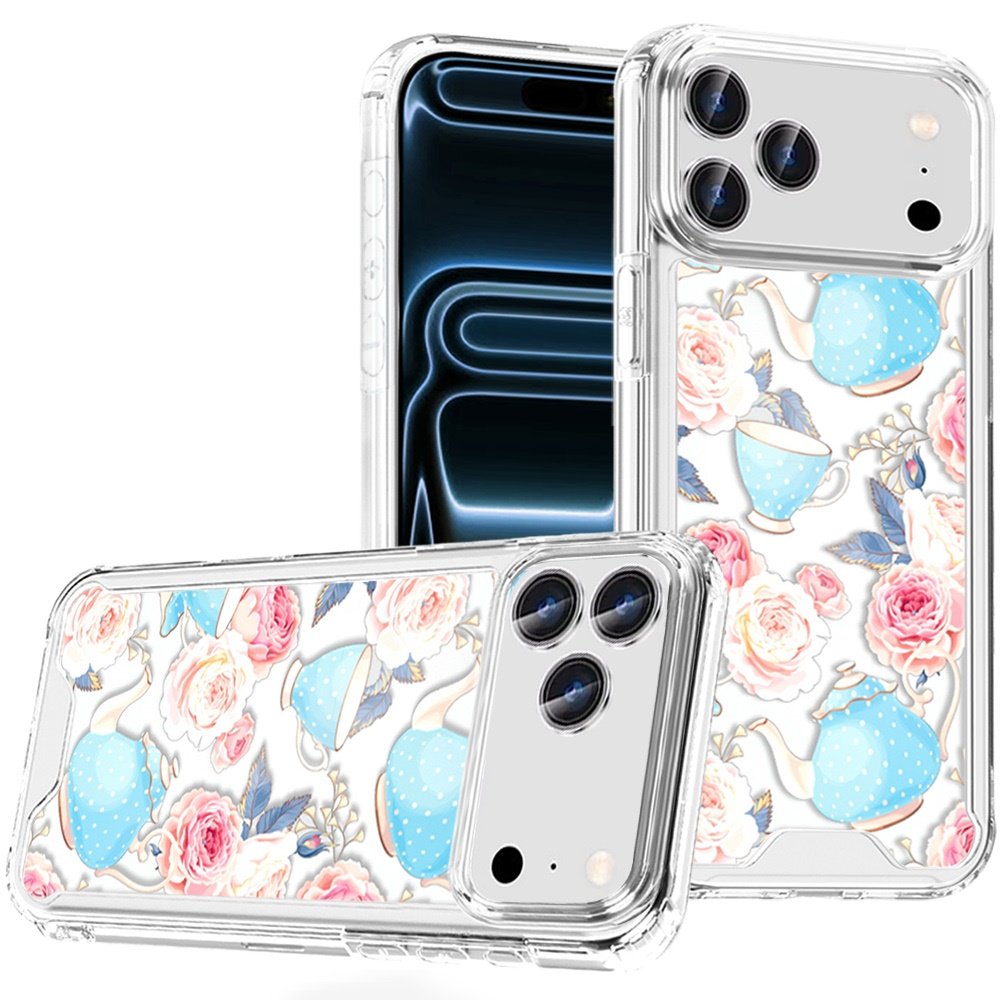 for iphone 17 pro max beautiful tpu designs case case pink roses & teal teapots