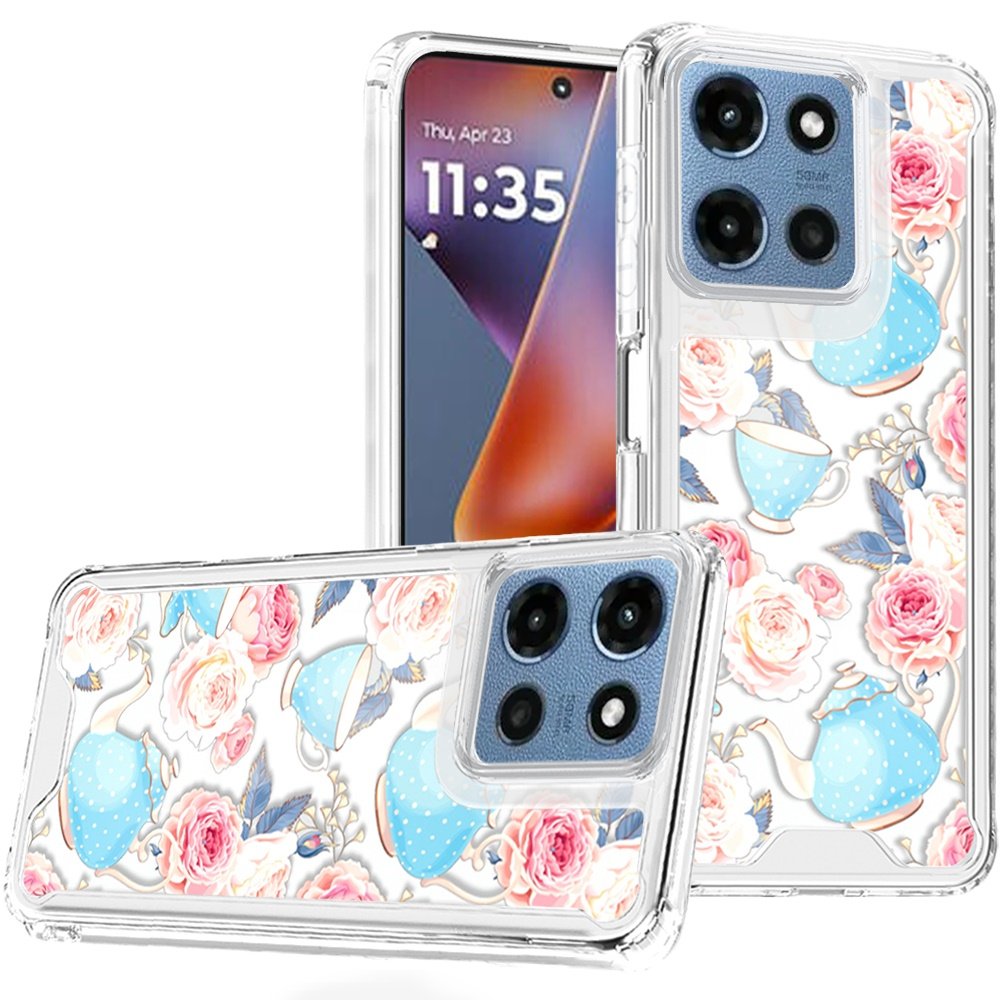 for moto g 5g 2025/2026 g play 2026 beautiful tpu designs case case pink roses & teal teapots