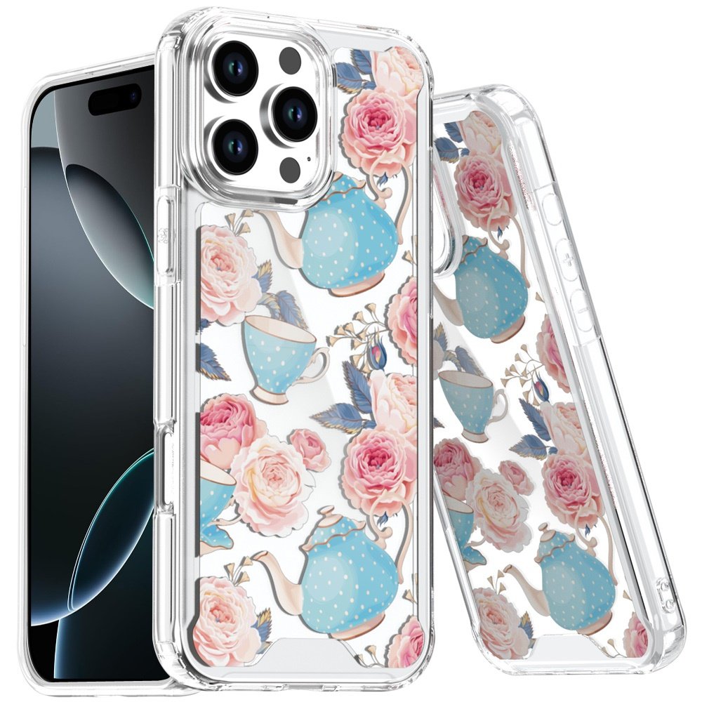 for iphone 16 pro max 6.9 beautiful tpu designs case case pink roses & teal teapots