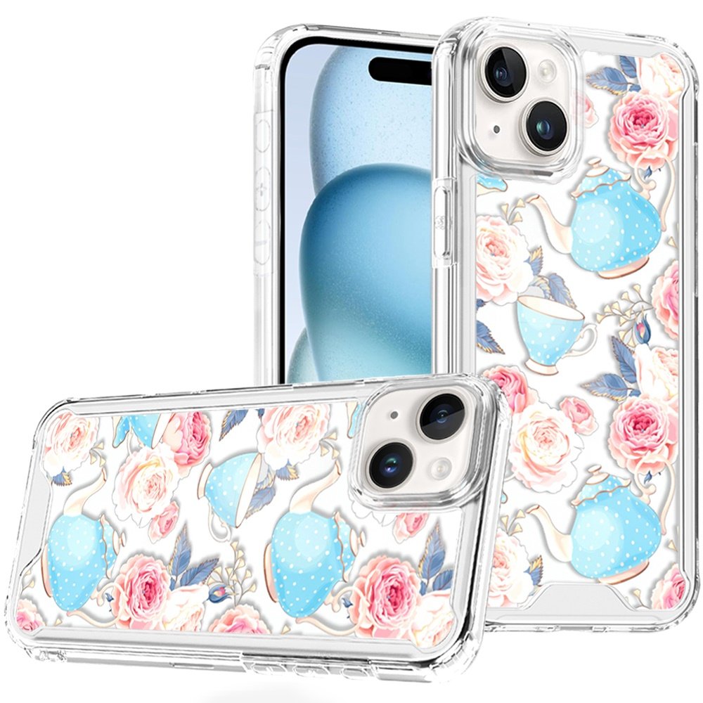 for iphone 15 beautiful tpu designs case case pink roses & teal teapots