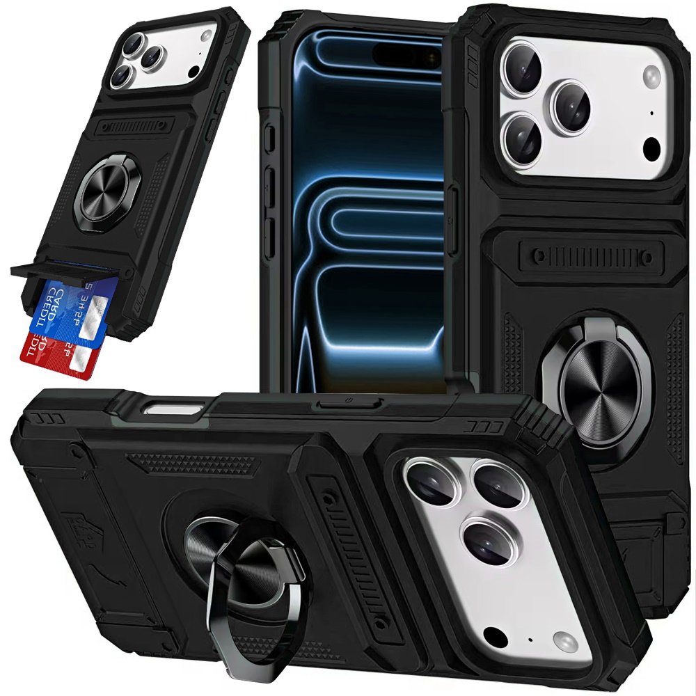for iphone 17 pro max multi functional 2x card slot shockproof metal ring hybrid case black