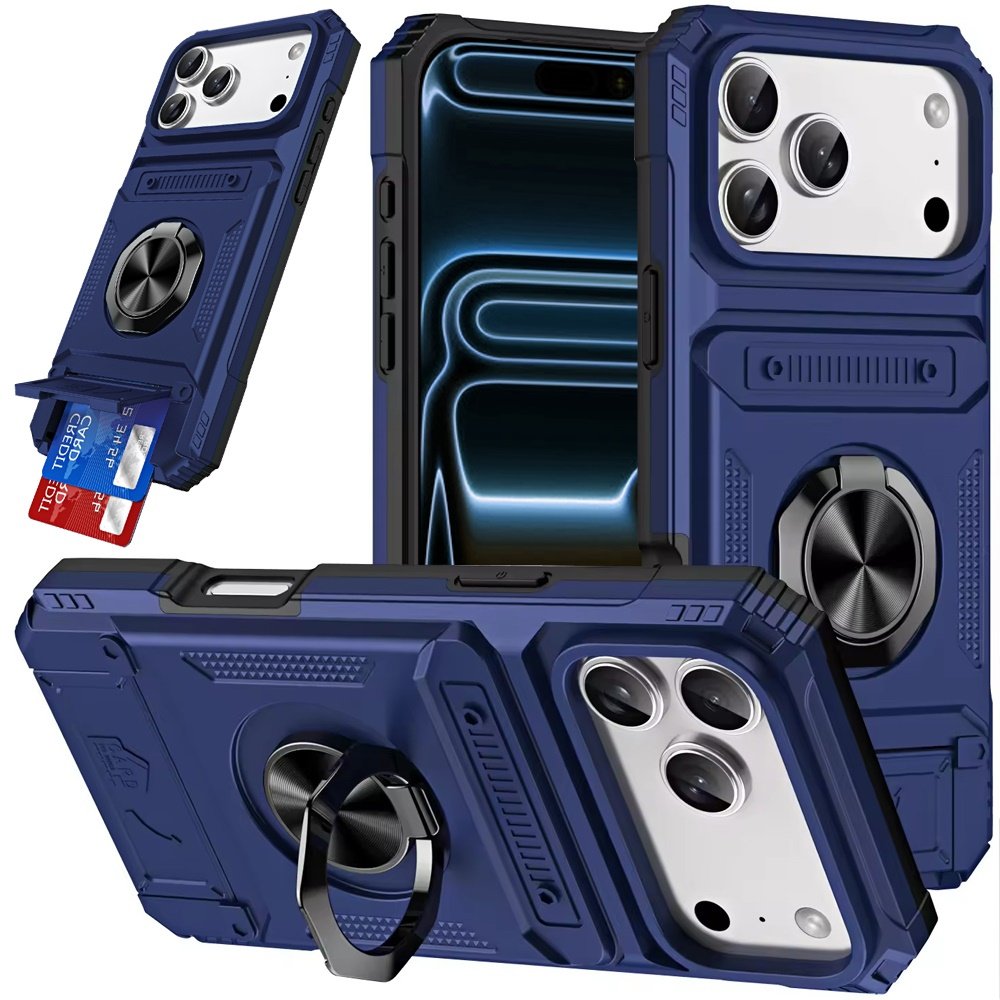 for iphone 17 pro max multi functional 2x card slot shockproof metal ring hybrid case blue