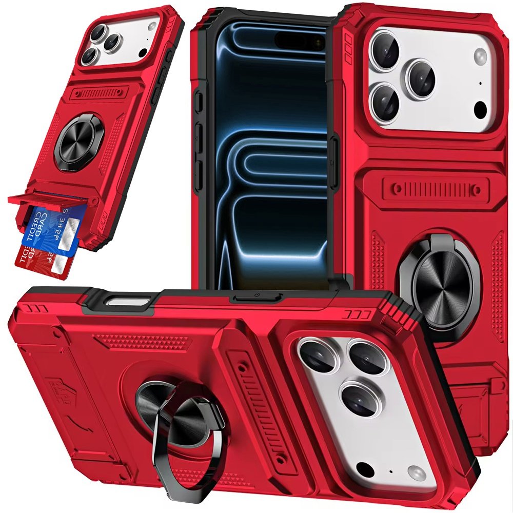 for iphone 17 pro max multi functional 2x card slot shockproof metal ring hybrid case red