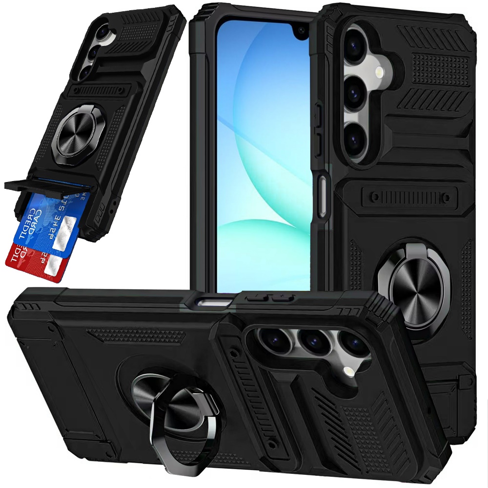 for samsung a17 5g multi functional 2x card slot shockproof metal ring hybrid case black