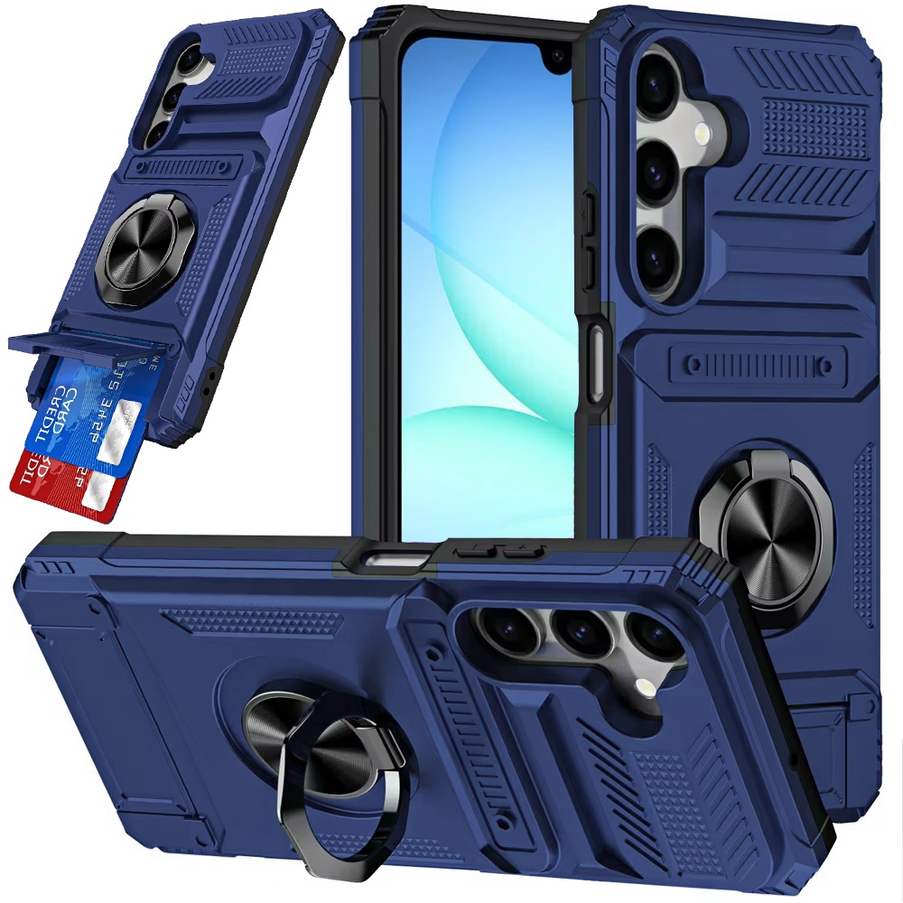 for samsung a17 5g multi functional 2x card slot shockproof metal ring hybrid case blue