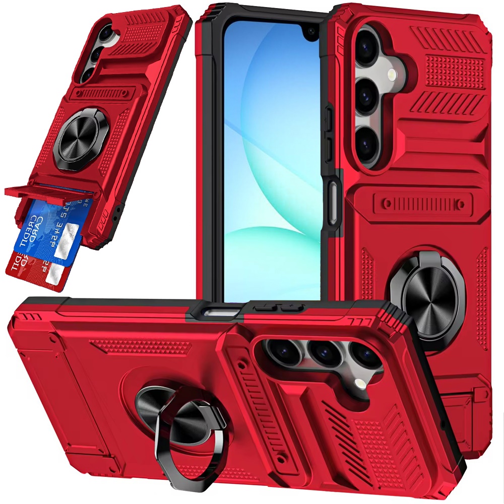 for samsung a17 5g multi functional 2x card slot shockproof metal ring hybrid case red