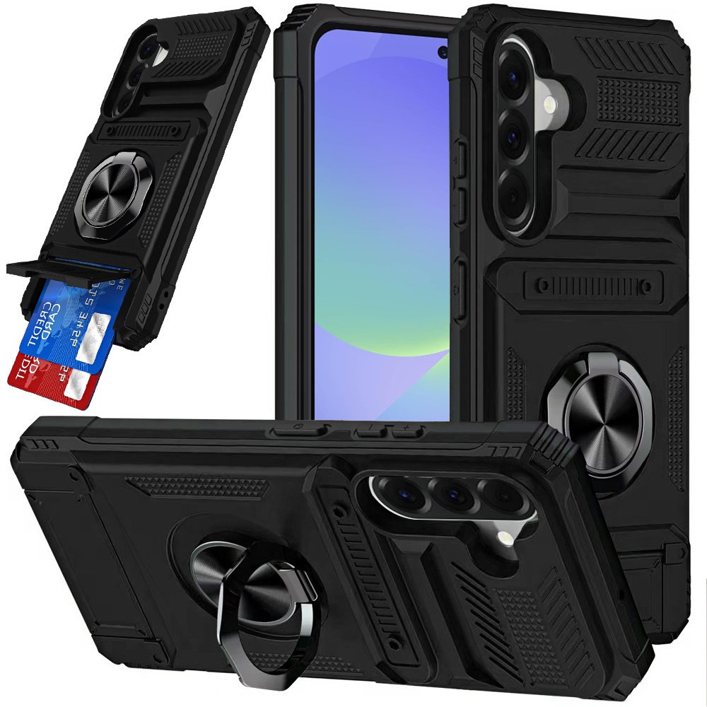for samsung galaxy a37 multi functional 2x card slot shockproof metal ring hybrid case black