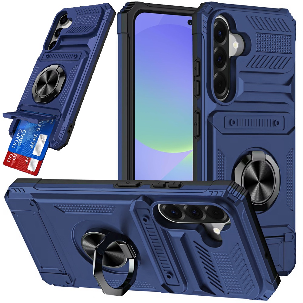 for samsung galaxy a37 multi functional 2x card slot shockproof metal ring hybrid case blue