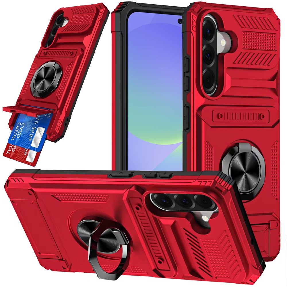 for samsung galaxy a37 multi functional 2x card slot shockproof metal ring hybrid case red