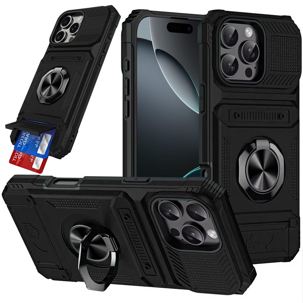 for iphone 16 pro max 6.9 multi functional 2x card slot shockproof metal ring hybrid case black