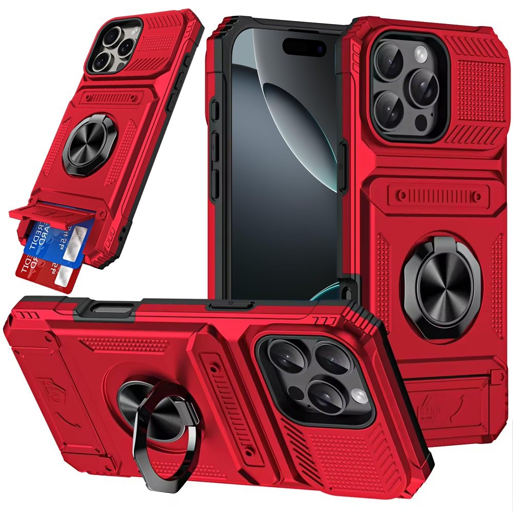 for iphone 16 pro max 6.9 multi functional 2x card slot shockproof metal ring hybrid case red