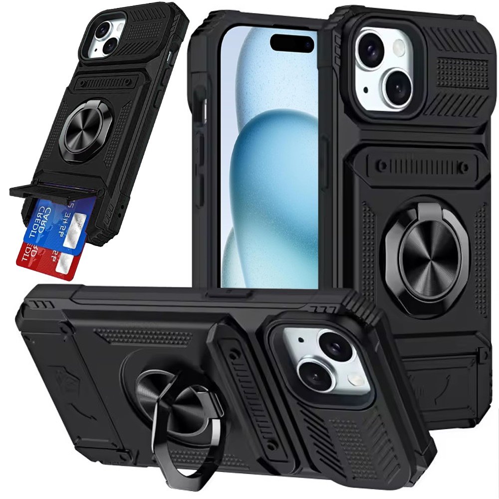 for iphone 15 multi functional 2x card slot shockproof metal ring hybrid case black