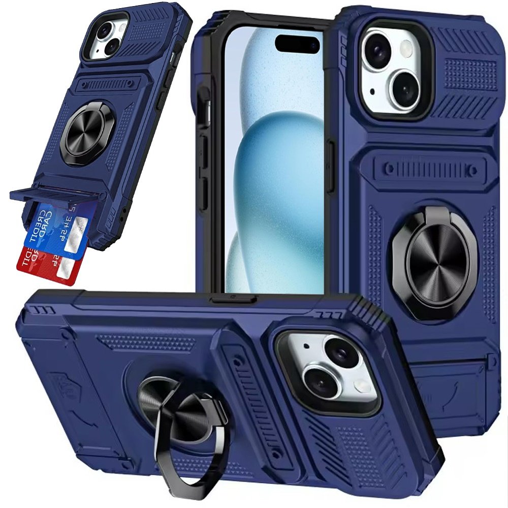 for iphone 15 multi functional 2x card slot shockproof metal ring hybrid case blue