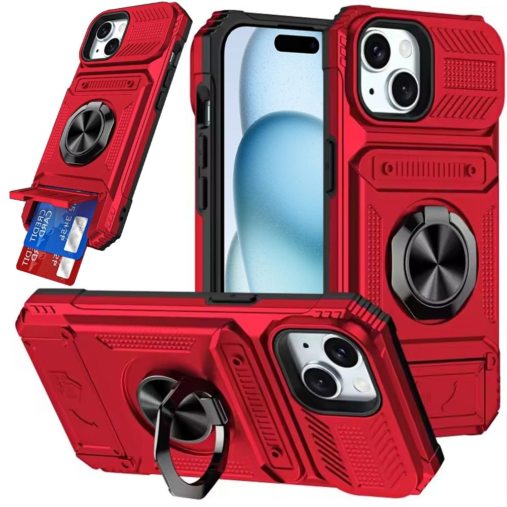 for iphone 15 multi functional 2x card slot shockproof metal ring hybrid case red