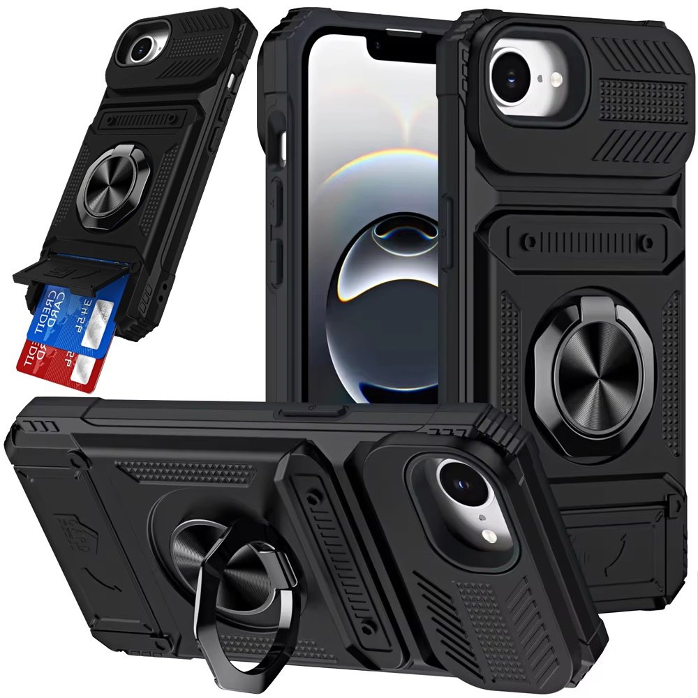 for iphone 17e / 16e / se4 multi functional 2x card slot shockproof metal ring hybrid case black