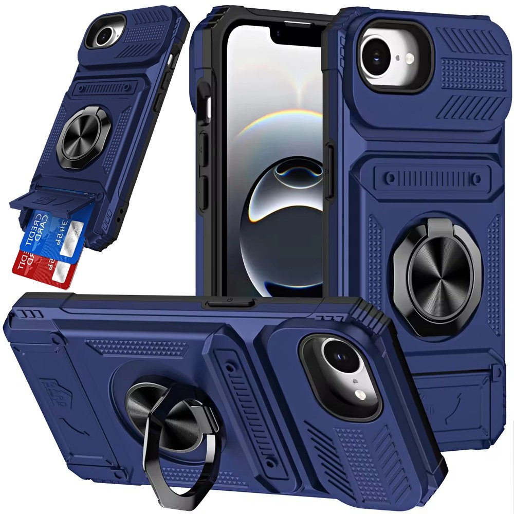 for iphone 17e / 16e / se4 multi functional 2x card slot shockproof metal ring hybrid case blue