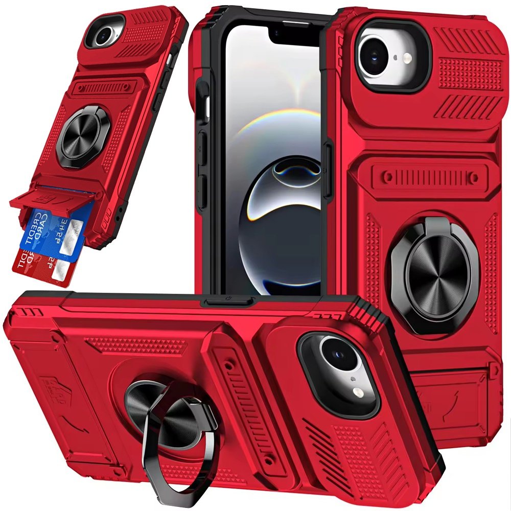 for iphone 17e / 16e / se4 multi functional 2x card slot shockproof metal ring hybrid case red