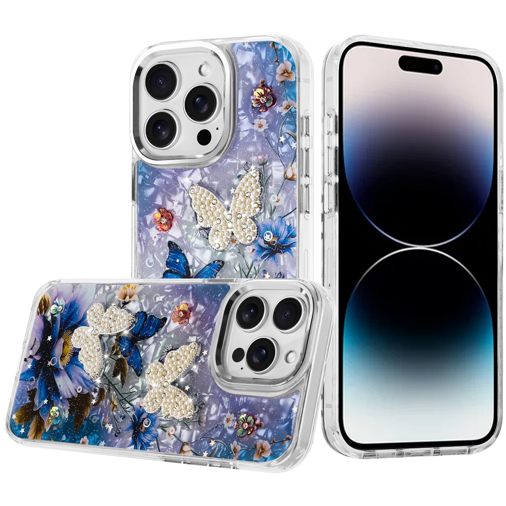 for iphone 14 pro max 6.7" epoxy glitter butterfly ornaments design hq metal buttons hybrid 1