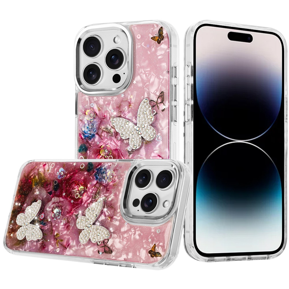 for iphone 14 pro max 6.7" epoxy glitter butterfly ornaments design hq metal buttons hybrid 2