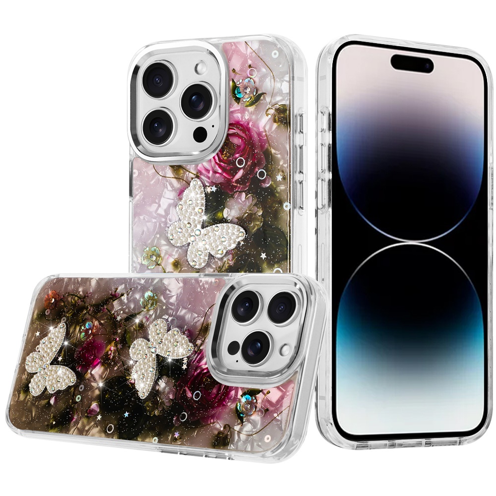 for iphone 14 pro max 6.7" epoxy glitter butterfly ornaments design hq metal buttons hybrid 3