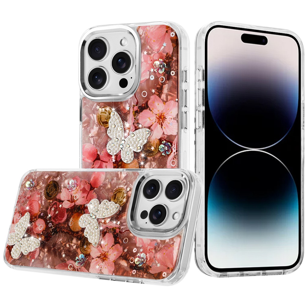 for iphone 14 pro max 6.7" epoxy glitter butterfly ornaments design hq metal buttons hybrid 4