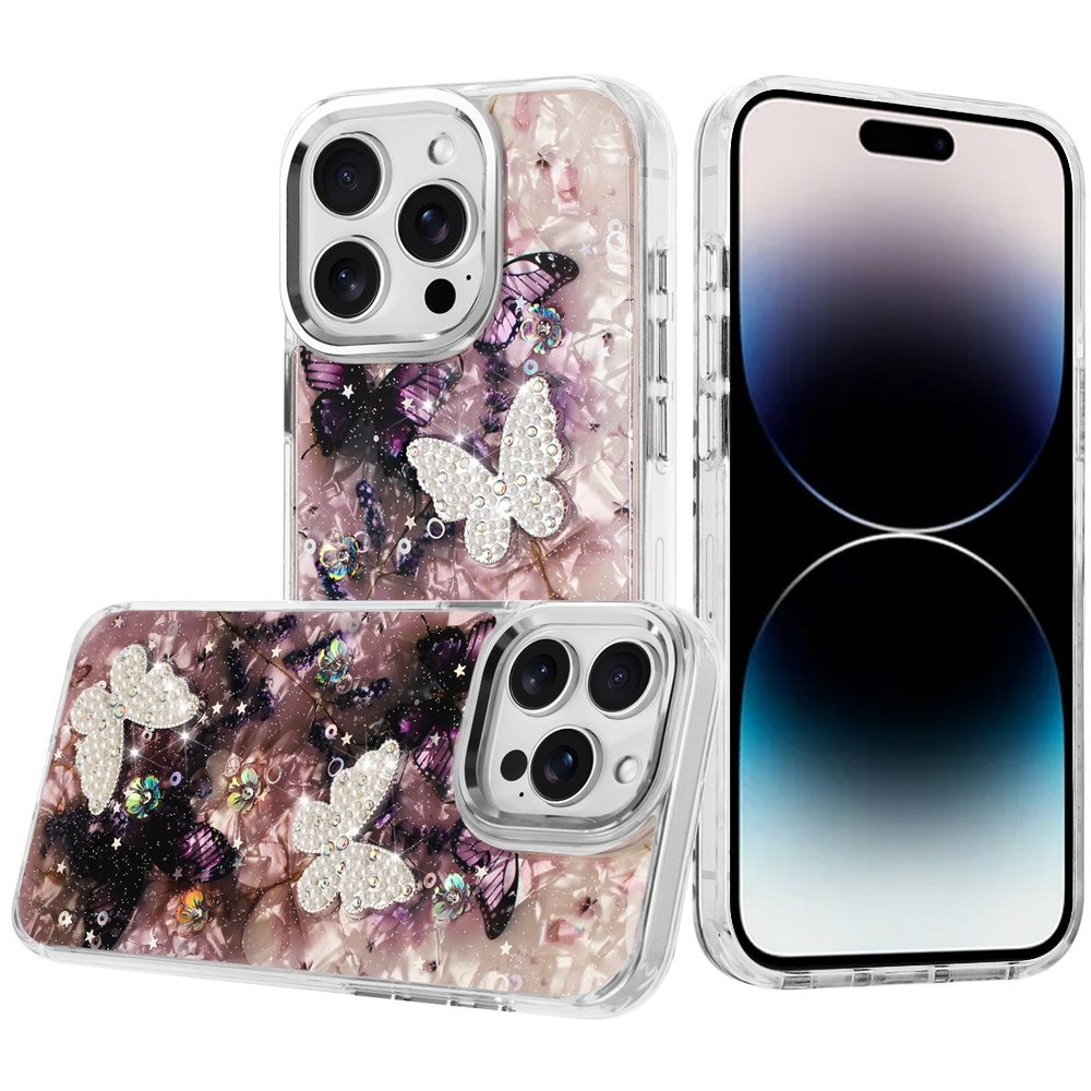 for iphone 14 pro max 6.7" epoxy glitter butterfly ornaments design hq metal buttons hybrid 5