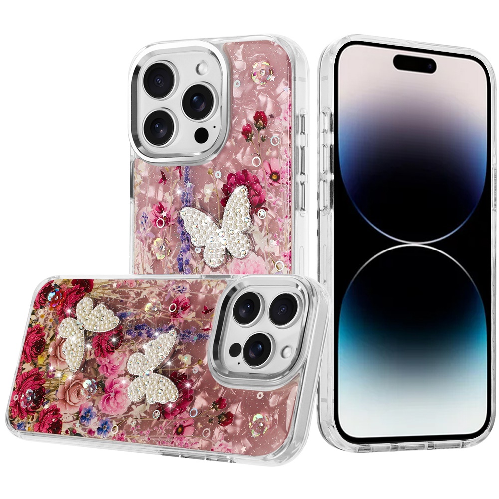 for iphone 14 pro max 6.7" epoxy glitter butterfly ornaments design hq metal buttons hybrid 7