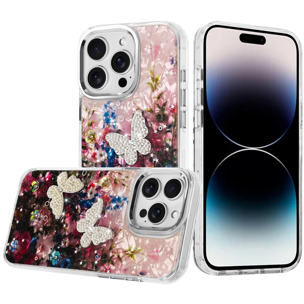 for iphone 14 pro max 6.7" epoxy glitter butterfly ornaments design hq metal buttons hybrid 8