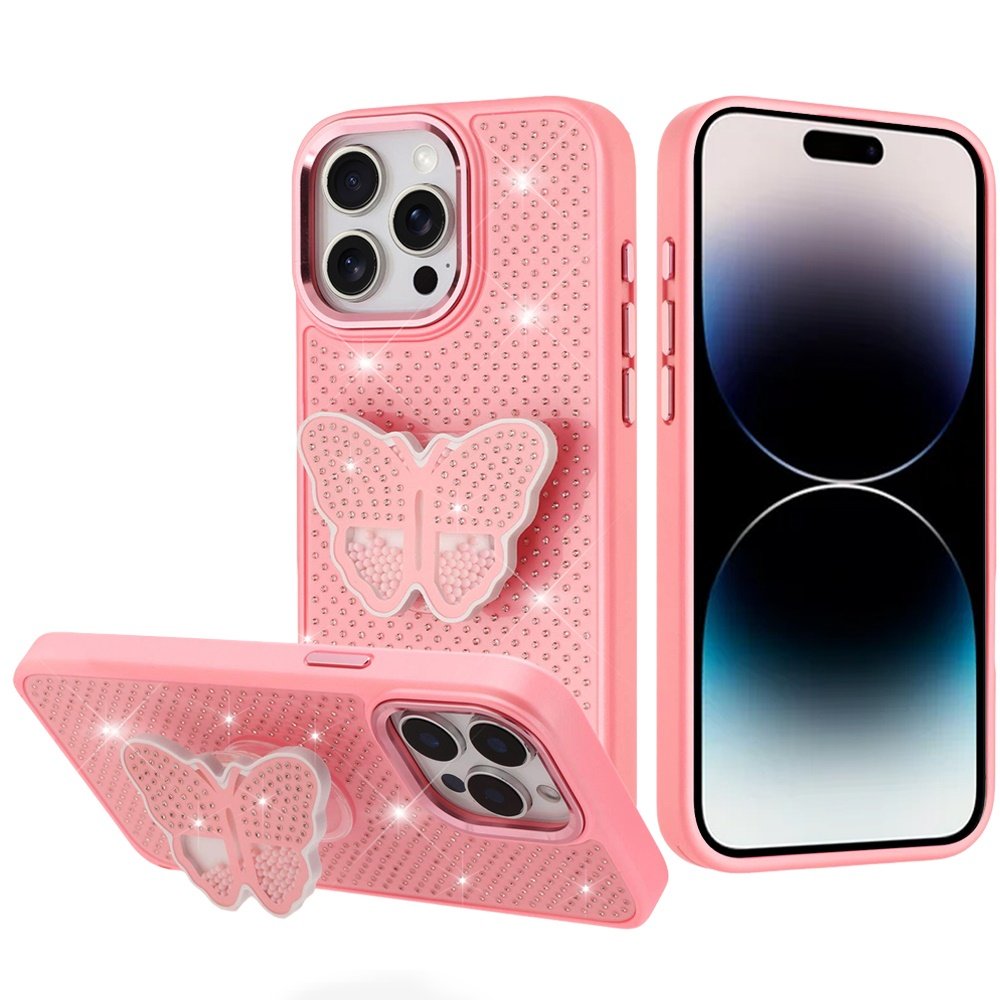for iphone 14 pro max 6.7" butterfly moveable grip stand with small diamonds meta buttons hq hybrid pink