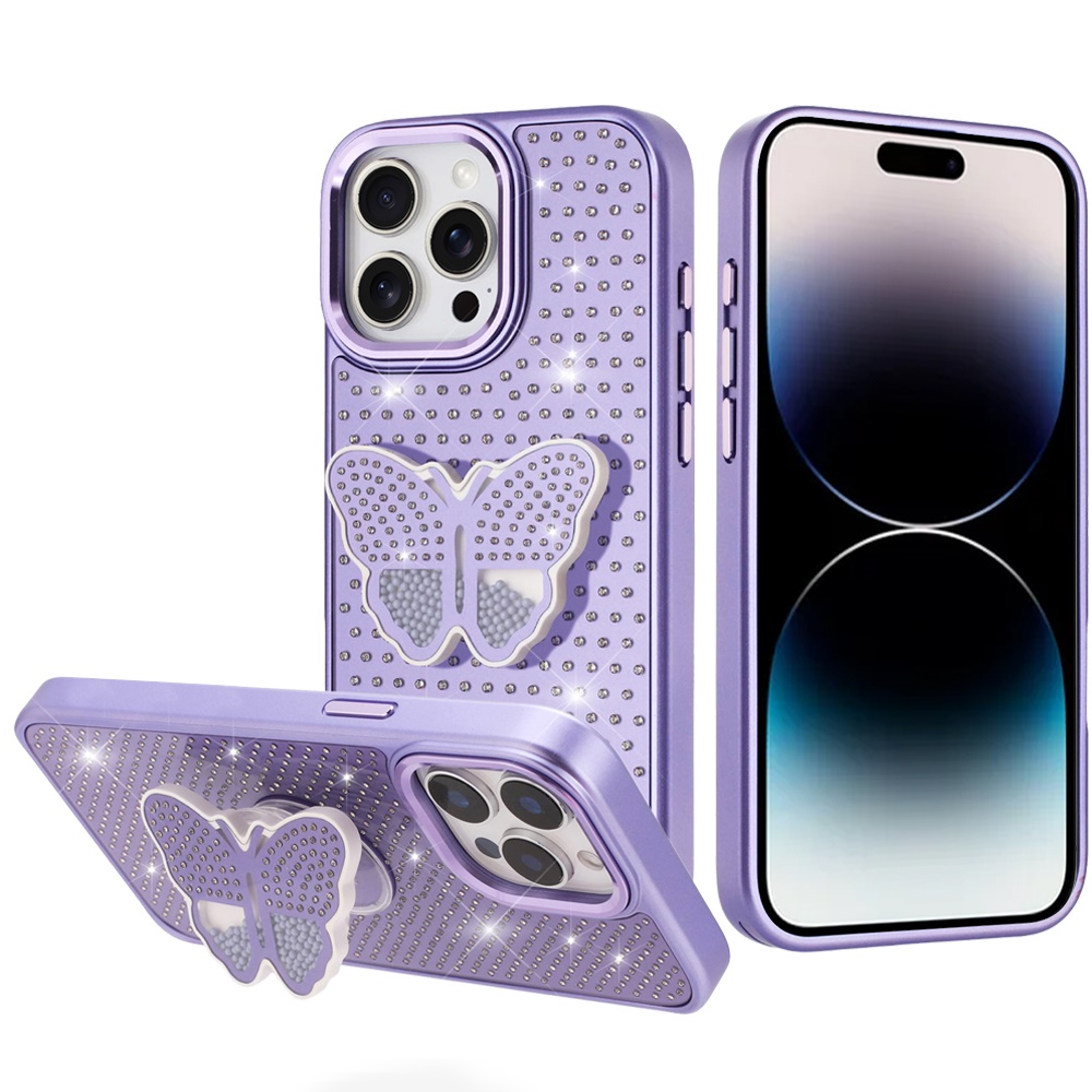 for iphone 14 pro max 6.7" butterfly moveable grip stand with small diamonds meta buttons hq hybrid purple