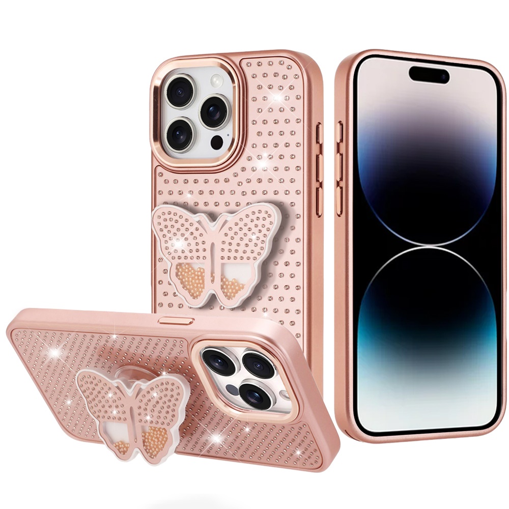 for iphone 14 pro max 6.7" butterfly moveable grip stand with small diamonds meta buttons hq hybrid rose gold