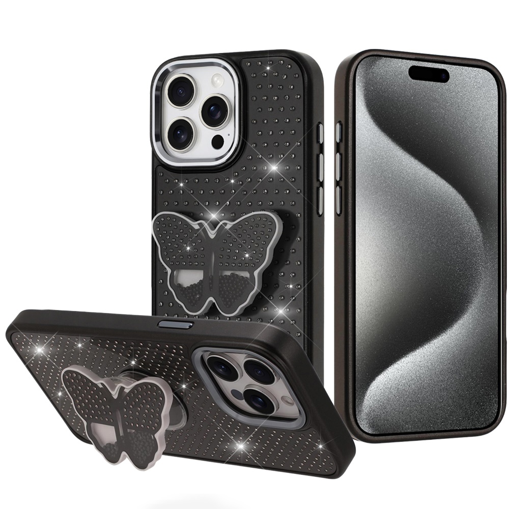 for ip15 pro max butterfly moveable grip stand with small diamonds meta buttons hq hybrid black