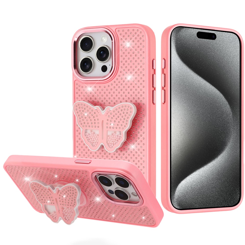 for ip15 pro max butterfly moveable grip stand with small diamonds meta buttons hq hybrid pink