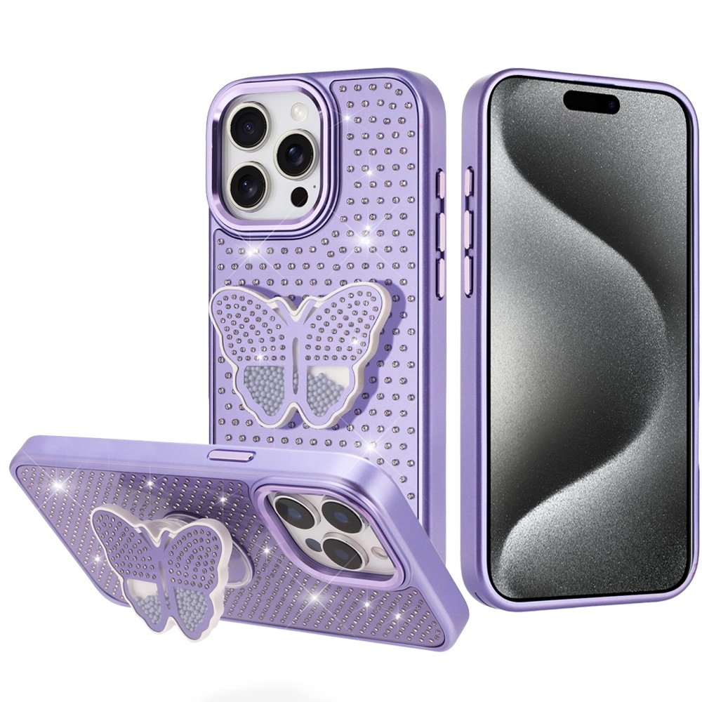 for ip15 pro max butterfly moveable grip stand with small diamonds meta buttons hq hybrid purple