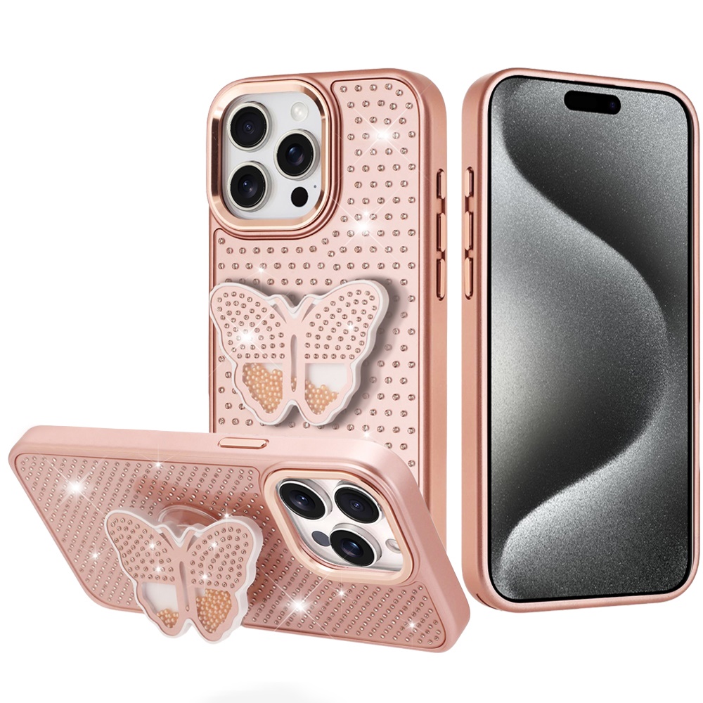 for ip15 pro max butterfly moveable grip stand with small diamonds meta buttons hq hybrid rose gold