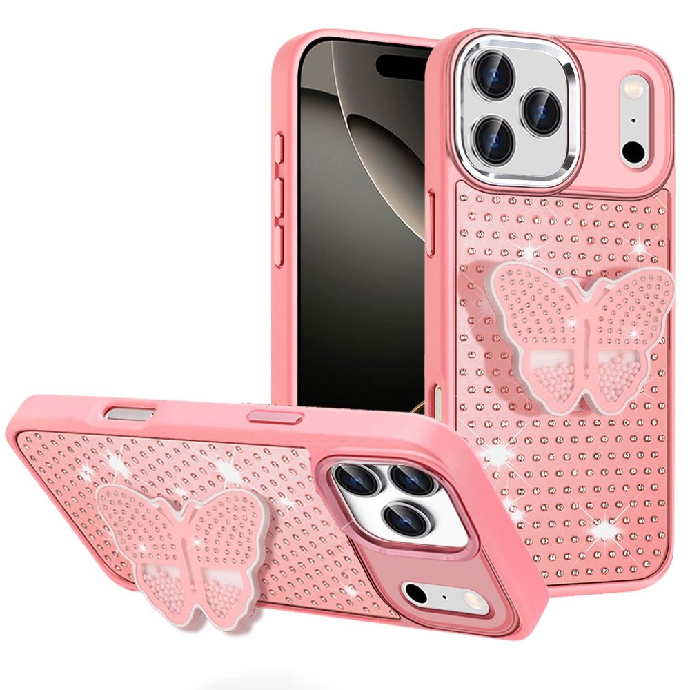 for iphone 17 pro max butterfly moveable grip stand with small diamonds meta buttons hq hybrid pink