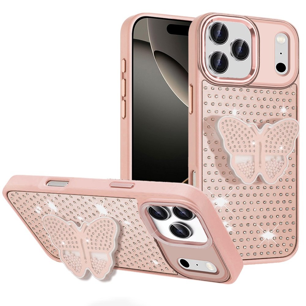 for iphone 17 pro max butterfly moveable grip stand with small diamonds meta buttons hq hybrid rose gold